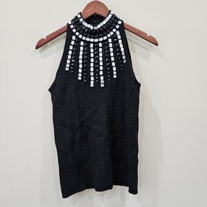 Carmen Marc Valvo Ribbed Knit Turtleneck Tank Top Black Slim Embellished Neutral